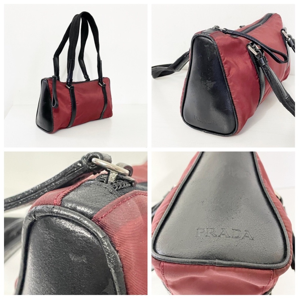 Prada 90s burgundy red nylon black leather shoulder Boston bag - Picture 5 of 10